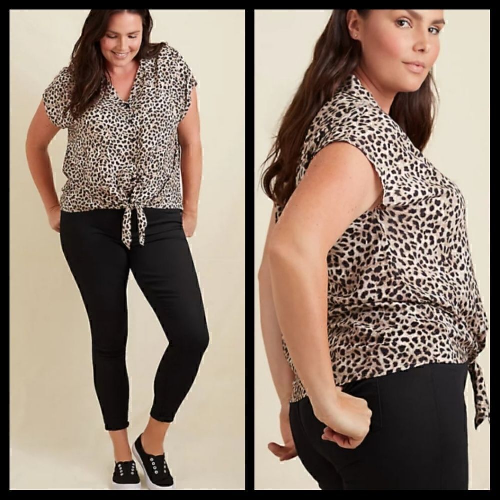 6X 30W Torrid Leopard Tie Front Knot Blouse Challis Midi Dolman Sleeve button up